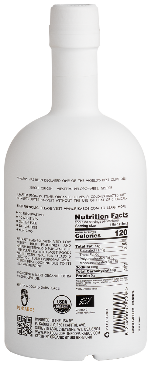 PJ Kabos Family Reserve - Organic Medium EVOO - 500ml | Diane Kochilas